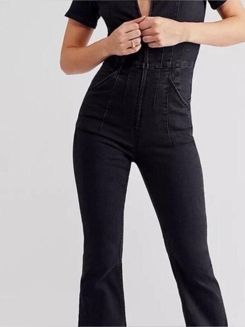 Free People Jayde Fit and Flare High-Waist Black Women's Jeans Jumpsuit